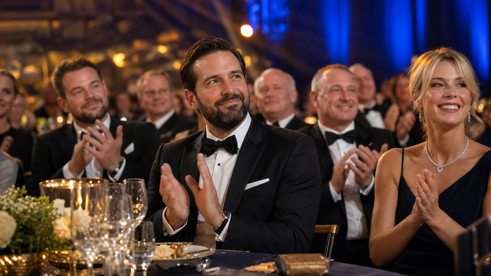Invitados de etiqueta celebrando en la gala