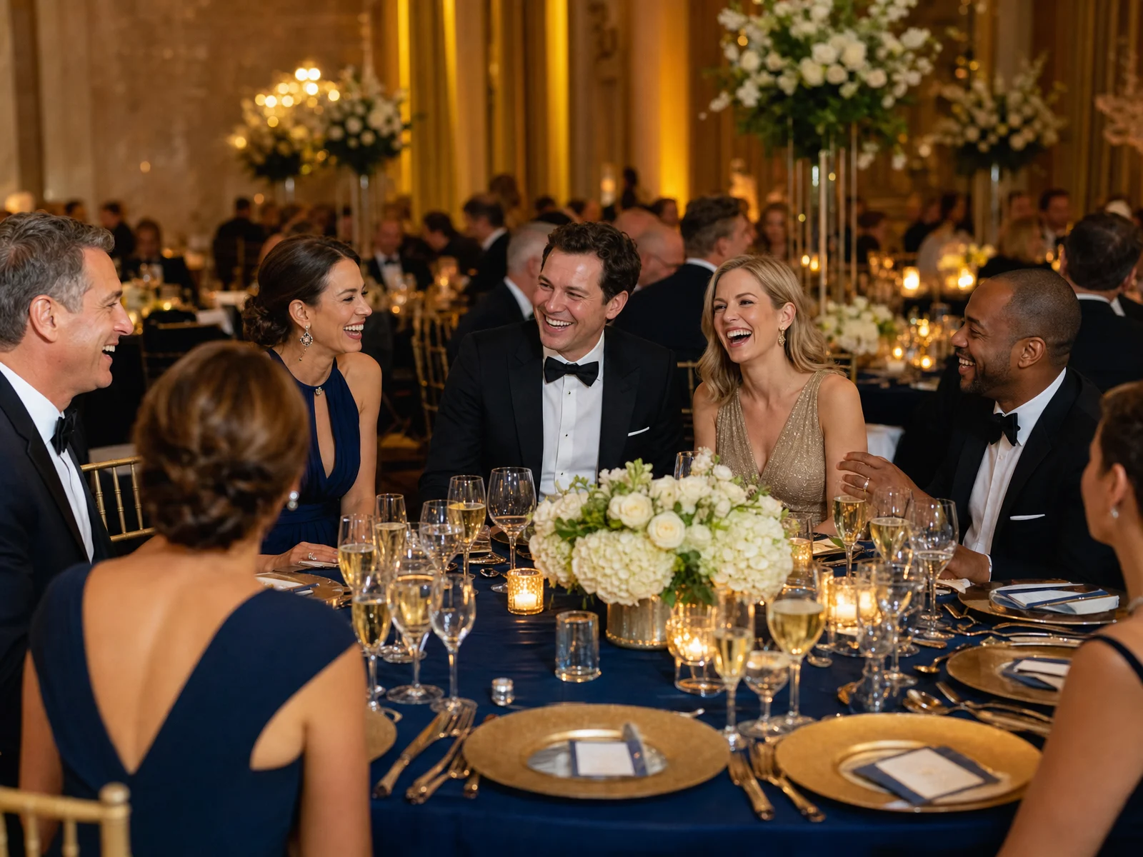 Colegas brindando en la mesa de gala