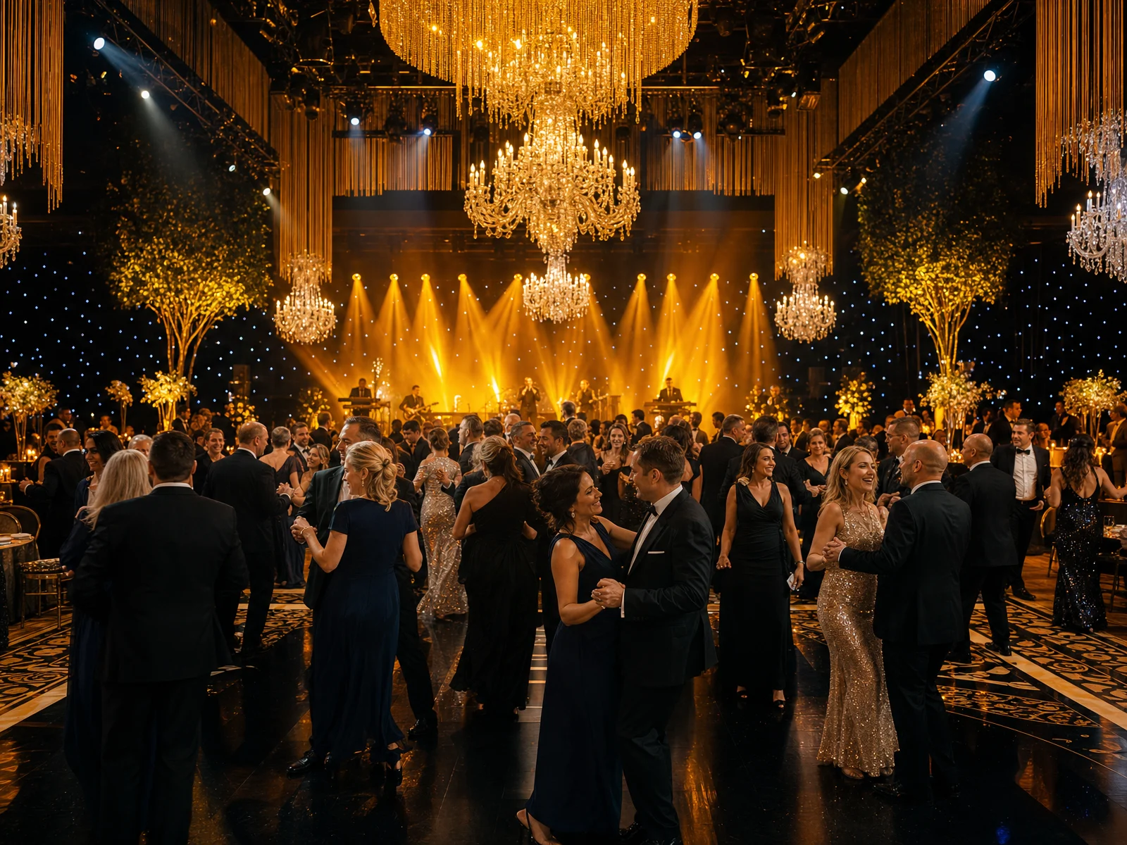 Invitados bailando bajo las luces doradas