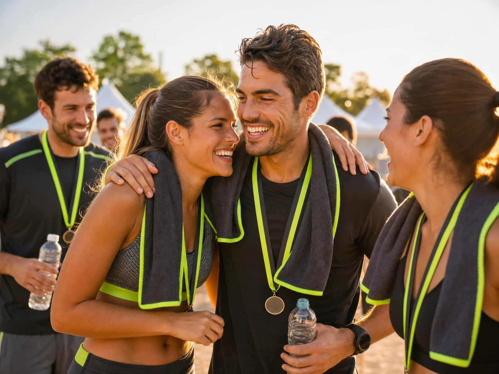 Corredores celebrando con la medalla despu&eacute;s de la meta