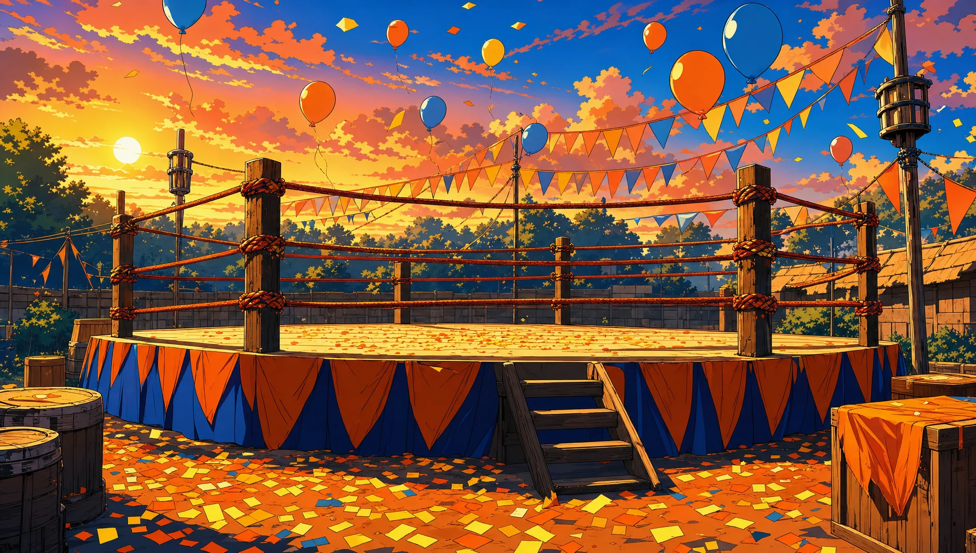 El ring del torneo al final de la tarde, con confeti en el piso