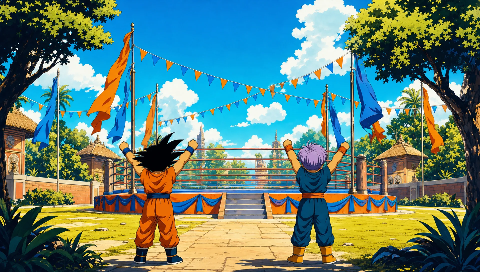 Dos ni&ntilde;os de espaldas celebrando frente al ring