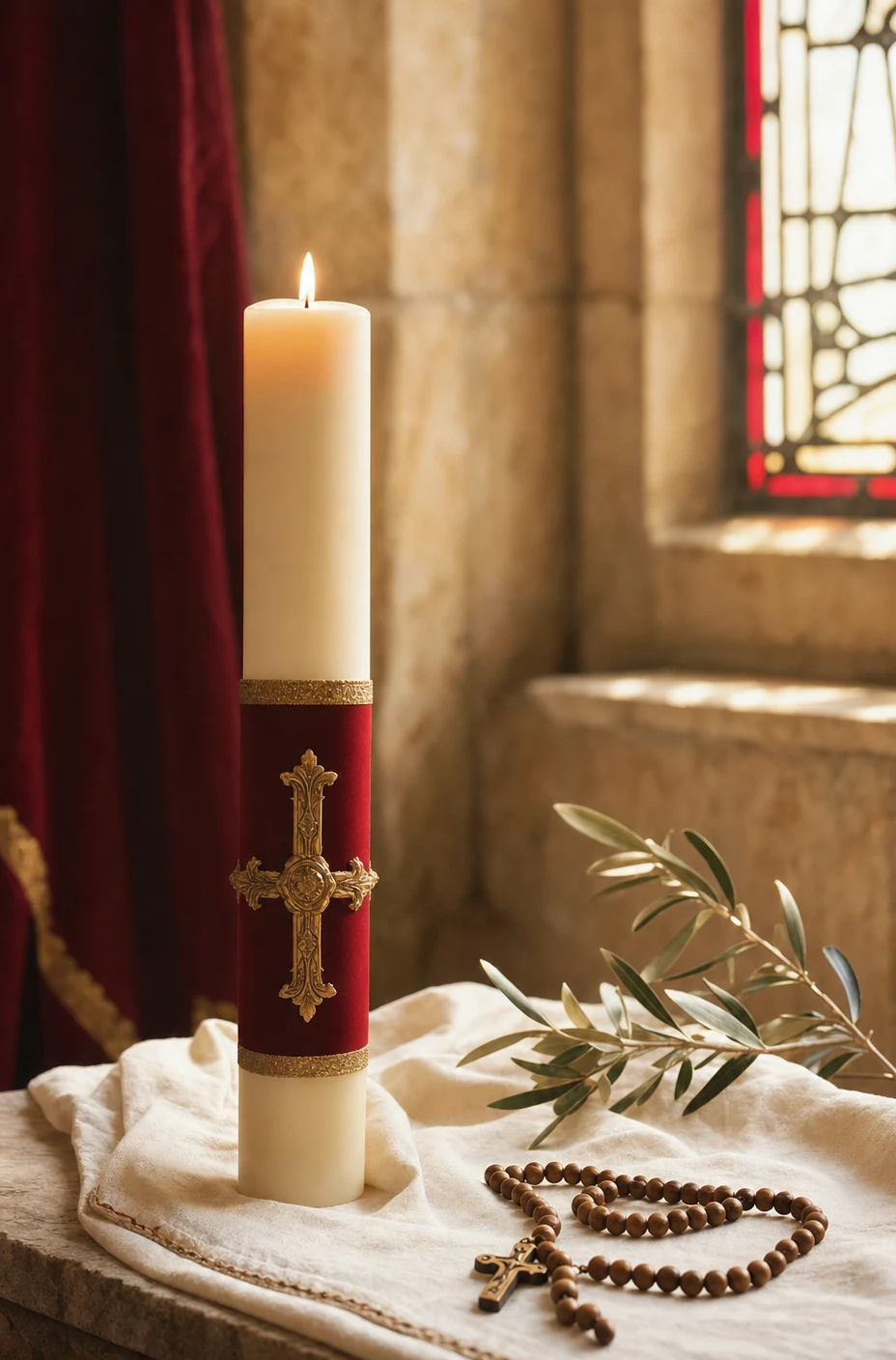 Cirio encendido junto a un rosario de madera
